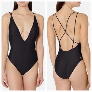 Volcom One Piece Black Swimsuit Plunge Neck Strappy Back